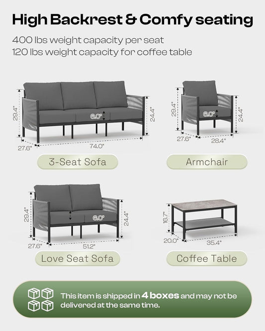Aluminum Outdoor Patio Couch, 3 Seats HDPE Rope Patio Sofa with Washable Thick Cushion, All-Weather Patio Furniture for Balcony, Yard, Gray Frame, Charcoal