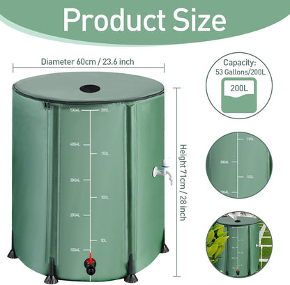 53 Gallon Collapsible Rain Barrel with Zipper Open and 12 Poles, 200L Protable Rainwater Collection System Kit with 1 Spigot and 2 Overflow, 1000D Oxford Rain Catcher Barrel for Outdoor Garden Camping