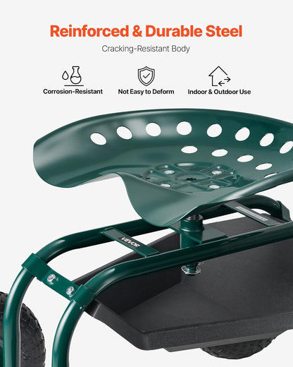 VEVOR Rolling Garden Cart with Swivel Seat, Heavy Duty Garden Seat with Storage Basket & Tool Tray, 300 lbs Weight Capacity, Outdoor Utility Gardening Stool Scooter for Lawn Yard Planting Weeding