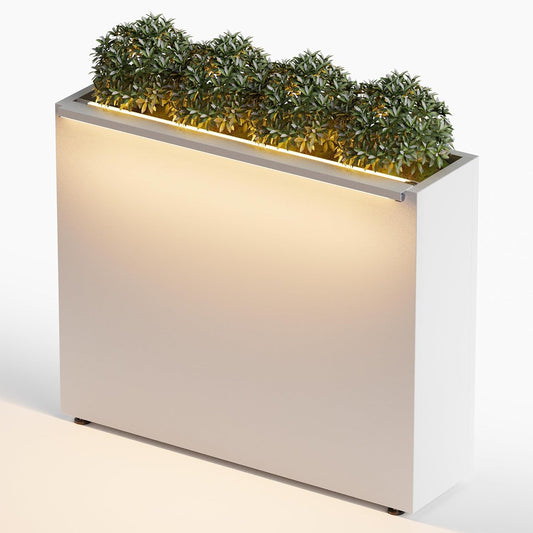 GSK Tall Illuminate Decor 30" H×10" W×37.9" L White Metal Planter Box LED Strips×2 Lighting Vibe Indoor Garden Flower Divider Plants Outdoor Separation Modern Succulent Balcony Houseplants