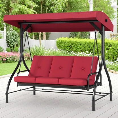 MAMIZO 3-Seat Outdoor Patio Swing, Porch Swings, Backrest Bench Sets, Glider Swing Bed Chair W/Adjustable Canopy, Thickened Removable Cushions, for Outside Backyard, Garden, 750LBS(Burgundy)