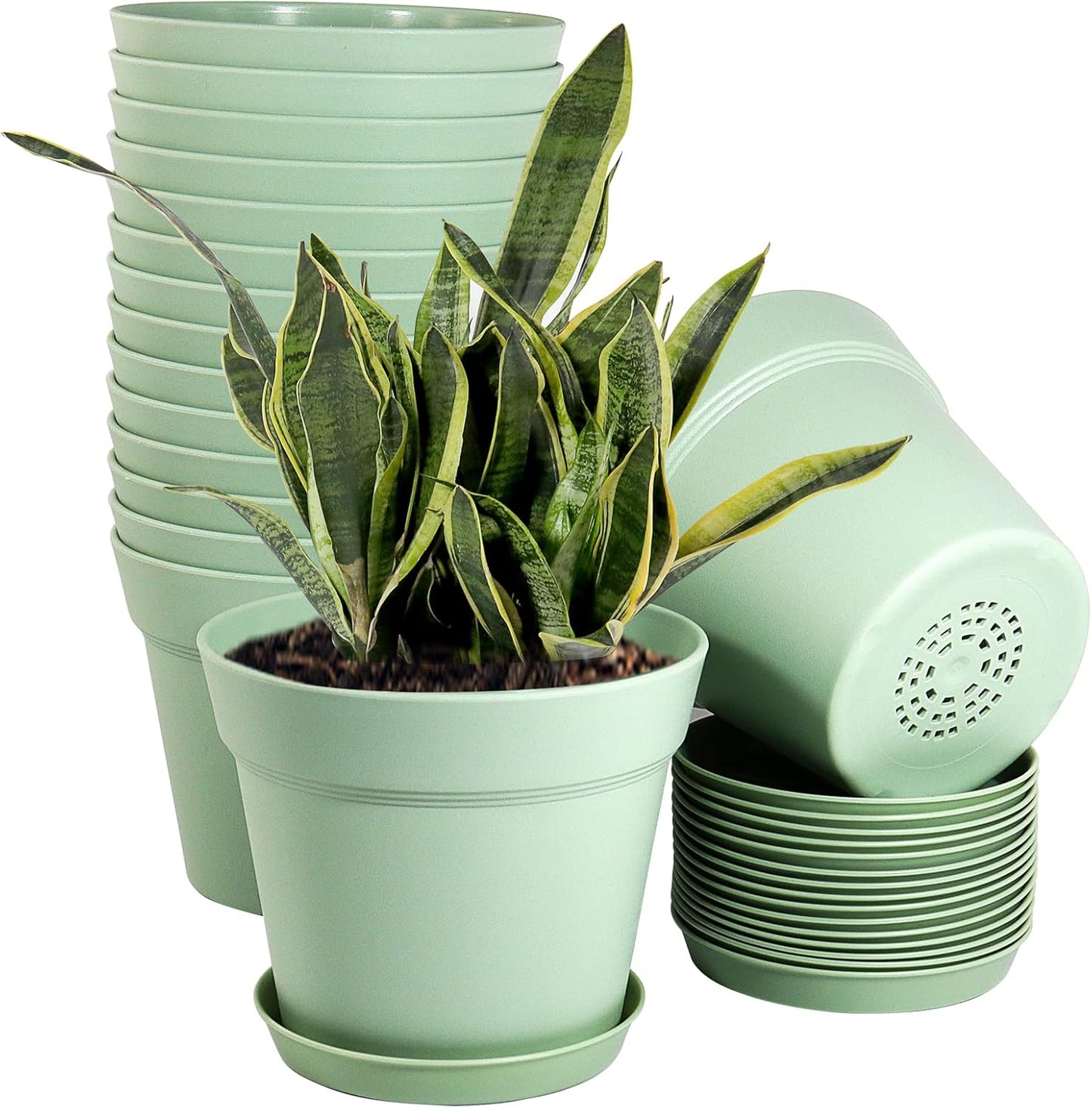 WOUSIWER 16 Pack 6 inch Plastic Planters, Plastic Indoor Planter Flower Pots, Heavy Duty and Stylish 6 Inch Plant Pots for Indoor Plants with Drainage Holes and Tray for Plants Flowers, Green