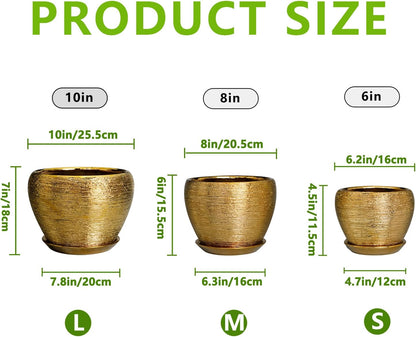 Flower Pots for Indoor & Outdoor Plants - Ceramic Pots 10 Inch, 8 Inch, 6 Inch with Drainage Holes, Saucers - Decorative Large Planters Set of 3 Gold