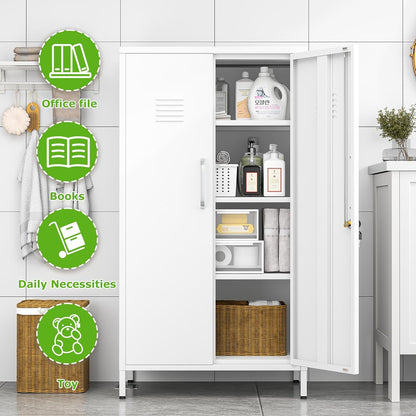 47" Metal Storage Locker, Lockable Employees Metal Locker with 2 Door and Adjustable Shelves, Steel Locker for Home, School, Office, Gym (White)
