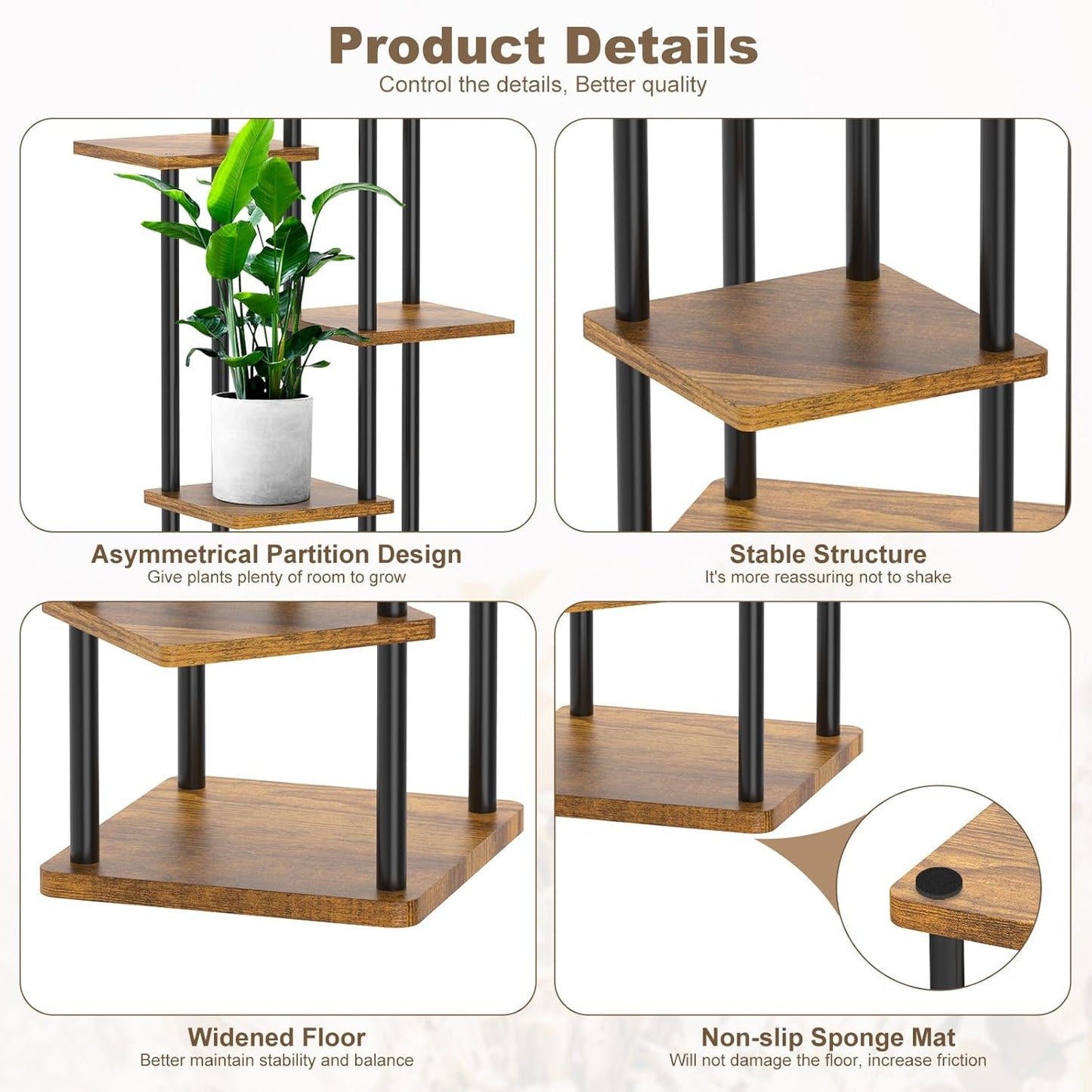 6 Tier Wood Tall Plant Stand Metal Rack Indoor, Multiple Flower Pot Holder Shelves Corner Rack, Planter Shelf Display Rack Storage Organizer for Patio Living Room Balcony Garden(Black)