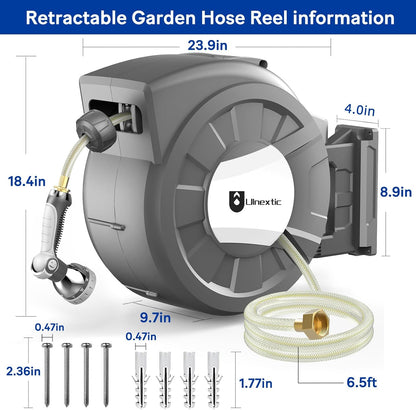 Retractable Garden Hose Reel, 1/2 in x 125 ft Wall Mounted Hose Reel, 10-Pattern Spray Nozzle, Any Length Lock/Slow Return System/Wall Mounted/180°Swivel Bracket