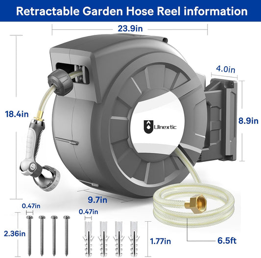Retractable Garden Hose Reel, 1/2 in x 125 ft Wall Mounted Hose Reel, 10-Pattern Spray Nozzle, Any Length Lock/Slow Return System/Wall Mounted/180°Swivel Bracket