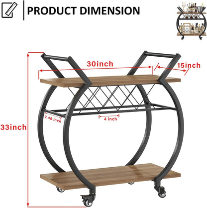 LVB Bar Cart with Wine Rack, 2 Tier Kitchen Cart on Wheels, Modern Wood and Metal Portable Coffee Cart Table for Home, Utility Industrial Mobile Serving Cart with Storage Shelf, Rustic Oak
