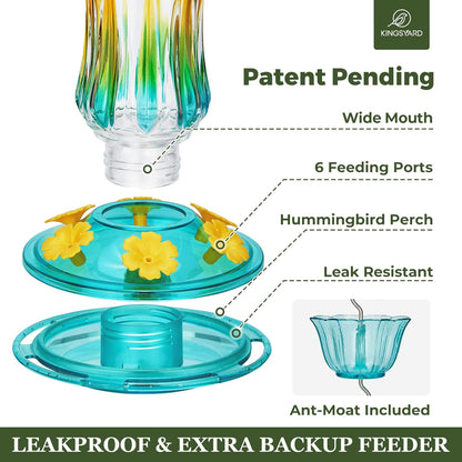 Kingsyard Hummingbird Feeder for Outdoors Hanging, 25 Ounces, Glass Humming Bird Nectar Feeder with Ant Moat & 6 Feeding Ports, Leak Proof, Turquoise