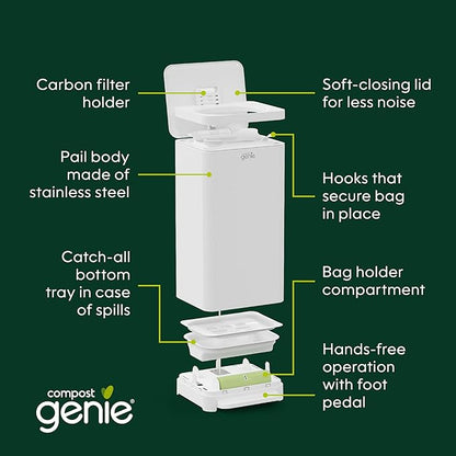 Kitchen Compost Bin, White Stainless-Steel Large, 3.6 Gallon, Indoor Odorless Composting, Hands-Free, Washable Parts, Includes 8 Tear-Off Compostable Bags and 1 Carbon Filter
