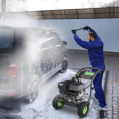 Professional 4200PSI 4GPM 196CC Gas Pressure Washer, Commercial Gas Power Washer with 5 Nozzles 25FT Hose Foam Bottle for Car Fence Driveway Yard (EPA/CARB/ETL Compliant), 2 Green Wheels