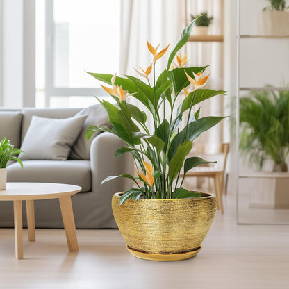 Ceramic Planter 13 Inch - Indoor Plant Pot with Drainage Hole and Saucer Large Ceramic Pot for Plants Mid-Century Decorative Modern Outdoor Flower Pot for Home Decor Gold