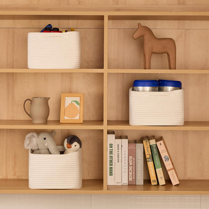 Small Organizing Baskets for Cubes Shelf, 9.7x9.7x7.1 Inch Rope Woven Storage Bins for Nursery Shelves Storage, Cute Toy Basket, Square 3 Packs Off White
