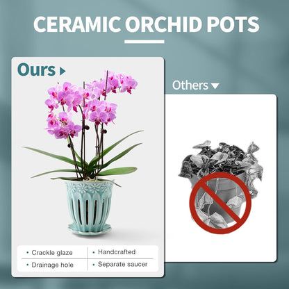 5" Ceramic Orchid Pot with Holes | Crackle Glazed Pot with Drainage and Separate Saucer | Ideal Plant Pot for Repotting Orchids and Other Flowers (Blue)