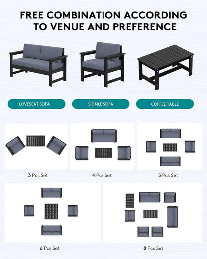 SERWALL 2 Pieces Single Cushioned Lounge Chair, Black HDPE Outdoor Adirondack Sofa Armchair with Grey Cushion