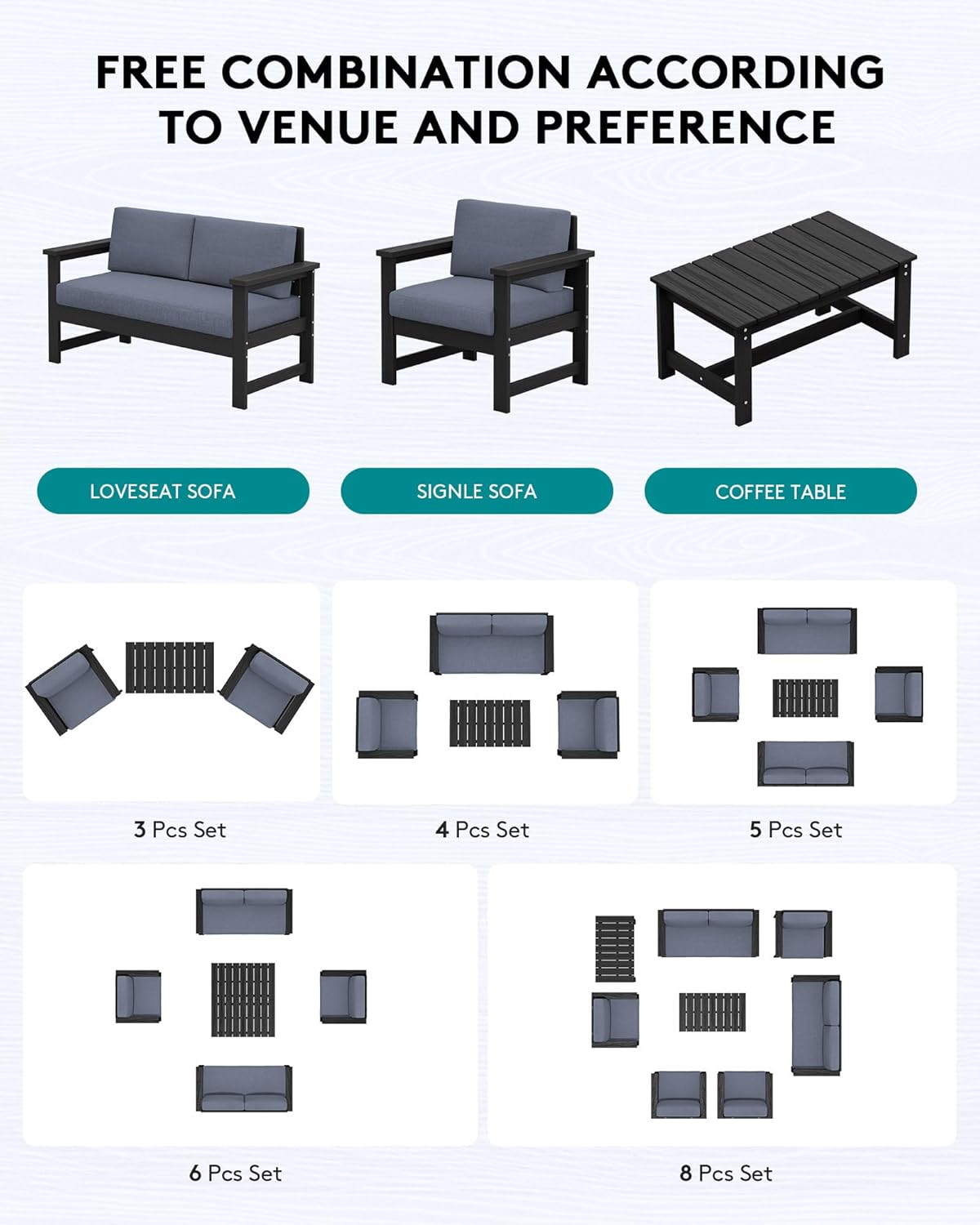 SERWALL Black HDPE Outdoor Loveseat with Grey Cushions, All Weather Use Outdoor Loveseat Sofa, Black Frame with Grey Cushions