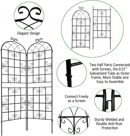 2 Pack Metal Garden Trellis 86.7" H Garden Fence Rustproof Trellis for Climbing Plants Support Roses Flower Outdoor Lawn, Black 7.2 FT Tall