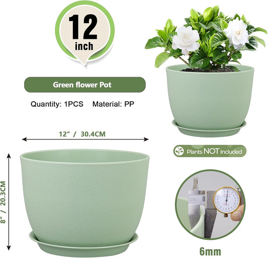 12 inch Big Plant Pots, Plastic Planters with Drainage Holes and Trays, Flower Pots for Indoor Outdoor Plants, Modern Decorative Pots for Garden House Plants, Green