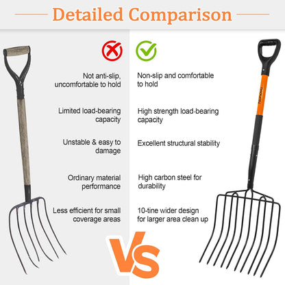 Pitchfork for Gardening, 10 Tines Pitch Fork with Non-Slip Handle, Heavy Duty Pitch Fork for Mulching, 45 Inches