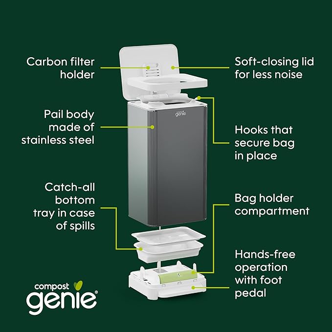 Kitchen Compost Bin, Silver Stainless-Steel Large, 3.6 Gallon, Indoor Odorless Composting, Hands-Free, Washable Parts, Includes 8 Tear-Off Compostable Bags and 1 Carbon Filter