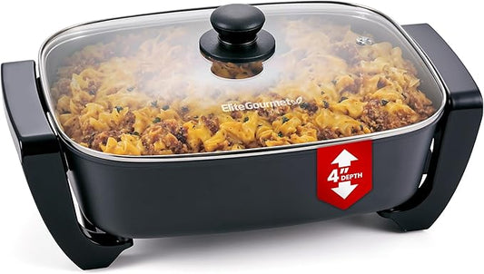 Elite Gourmet 15" x 12" x 4" Electric Skillet, Xtra Deep Dish, Ceralast™ PFAS Free Ceramic, 1500W Rapid Heat, Tempered Glass Vented Lid, Dishwasher Safe, 12.5 Qt., Black/Gray