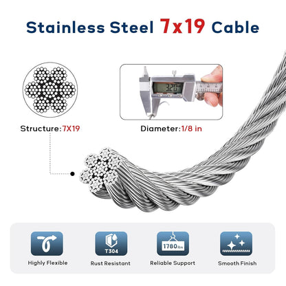 1/8 Inch Stainless Steel Cable 100FT, 7x19 Strand Wire Rope Kit with Thimbles, Clips & Aluminium Sleeves for Plants Climbing, Deck Fence Railing, String Light Haning and DIY Projects