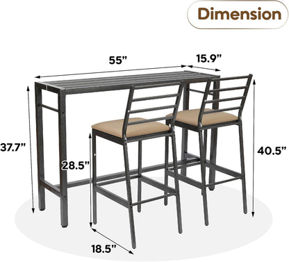 3Pcs Outdoor Patio Bar Set with Cover, 55" Rectangular Pub Height High Top Bar Table with 2 Cushioned Bar Stools, Metal Bar Table and Chairs Set for Outside, Patio, Balcony, Deck