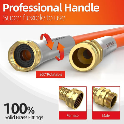 Garden Water Hose 150 ft x 5/8 in Heavy Duty, Flexible and Lightweight, Burst 600 psi, Kink-less Hybrid Rubber Pipe for Backyard, 3/4'' Brass Fittings, Orange