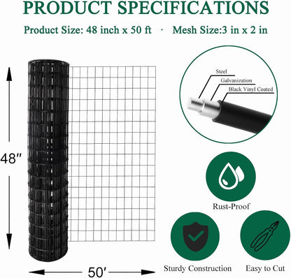 Black PVC Coated Welded Wire Fence 48 Inch x 50 Foot, 2 Inch x 3 Inch 16GA, Garden Border Fencing Roll Vinyl Coating Metal Wire Mesh for Yard Vegetable Plant Protection Poultry Netting