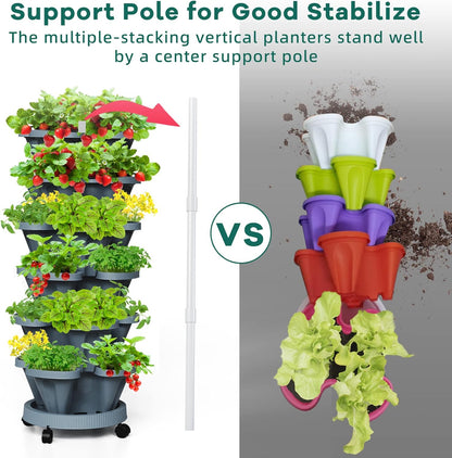 Strawberry Vertical Planter Tower Garden 2 Pack, 6 Tiered Stacking Planter with Support Pole, Stackable Herb Planter Indoor Outdoor Dark Grey