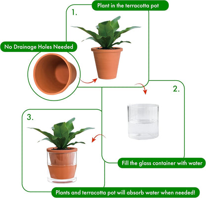 D'vine Dev 4 Inch Design Self Watering Pot for Indoor Plants, Terracotta Planter with Cylinder Glass Cup, Set of 2, 37-Y-A-1
