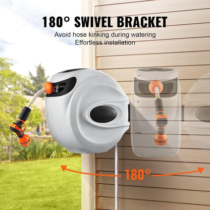 65' x 5/8" Retractable Hose Reel Wall-Mounted with 180° Swivel–Heavy-Duty Automatic Water Hose Storage for Garden,Yard,and Outdoor Use