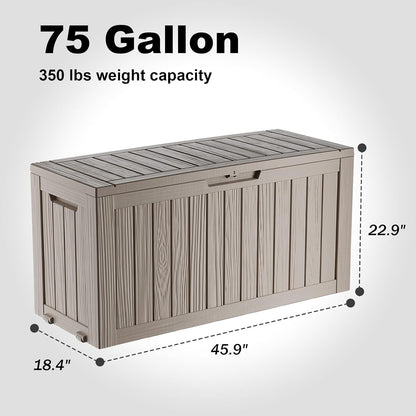 75 Gallon Resin Deck Box, Lockable Outdoor Storage Box for Patio Cushions Storage Furniture,Garden Tools, Pool Supplies, Weatherproof and UV Resistant (Grey)