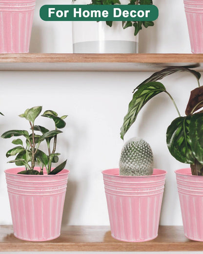 6 Inch Pink Metal Rustic Flower Pots - 6Pcs Medium Galvanized Planters with Drainage Hole and Rubber Plug, Rustproof Metal Bucket Plant Pots Farmhouse Vintage Style for Decor