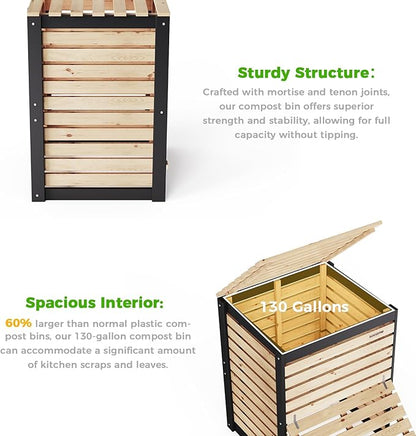 130 Gallon Solid Wood Composter, Outdoor Compost Bin with Pull-Out Door, Heavy Duty Composting Bin for Backyard, Garden, Patio, Natural