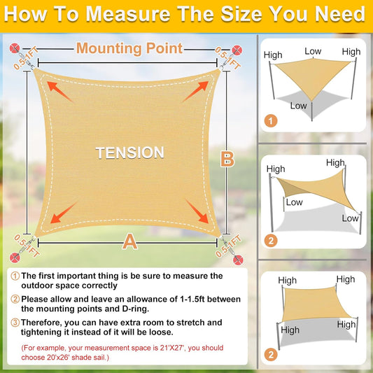 KANAGAWA Sun Shade Sail 16'x20' Sand Rectangle UV Block Canopy Awning Shelter Fabric Cloth Screen for Outdoor Patio Garden Backyard