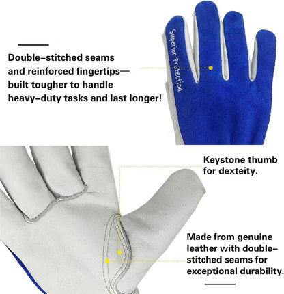 12 Pairs Bulk Leather Work Gloves for Men or Women for Construction, Wood cutting, Driving, Gardening, Automotive Repair, Soft, Cowhide, Class 4 Abrasion Resistant, Blue-White, XXL.