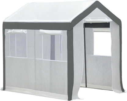 Outsunny 8' x 6' x 7' Walk-in Greenhouse, Outdoor Garden Warm Hot House with 4 Roll-up Windows, 2 Zippered Doors and Weather Cover, White
