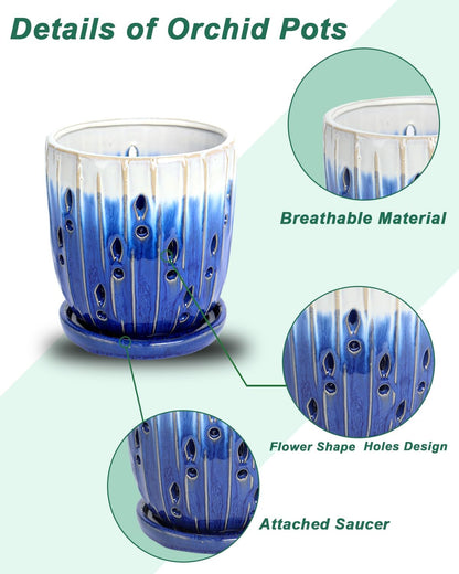 vensovo 6 Inch Ceramic Orchid Pot - Orchid Pot with Holes for Repotting, Ceramic Planter with Saucer for Indoor/Outdoor Plants, Blue