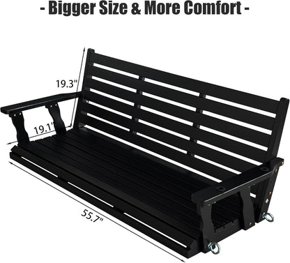 Wooden Porch Swing, Ergonomic Seat, Bench Swing with Hanging Chains and 7mm Springs, Heavy Duty 880 LBS, for Outdoor Patio Garden Yard (Matte Black, 3-Seater Extra Large)