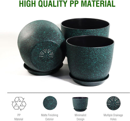 Plant Pots 9/8/7.5inch, Set of 3 Modern Decorative Plastic Planters with Drainage Holes and Saucer for Garden House Plants, Flower Pots for Indoor Outdoor Plants, Black with Green Speckles