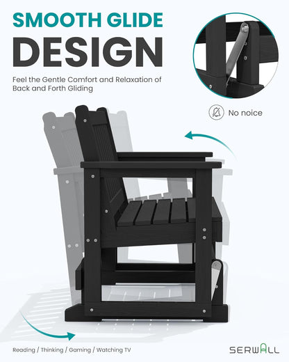 SERWALL 2 Person Patio Glider Bench, HDPE Material Weather-Resistant Swinging Bench for Outdoor Porch Garden, Black