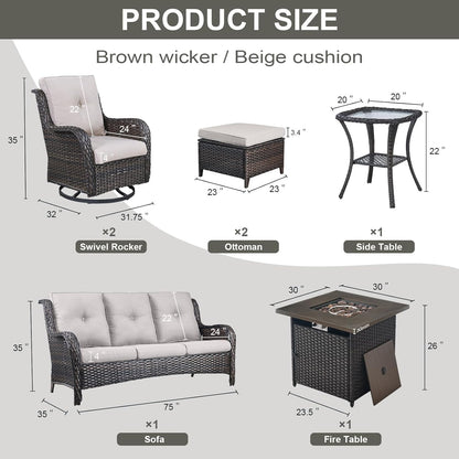 Outdoor Patio Furniture Set with 50000BTU Propane Fire Pit Table, 7 Pieces Wicker Patio Conversation Set with 2 Swivel Glider Rocker Chair Rattan Sofa Beige Cushion Perfect for Casual Gathering