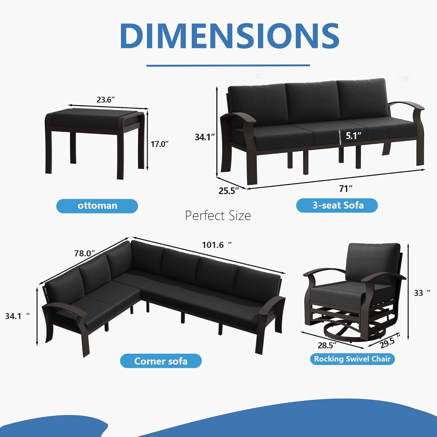 Aluminum Patio Furniture Set with Fire Pit Table, 8 Seats Outdoor Patio Conversation Set Modern Metal Patio Sectional Sofa w/5.1" Upgrade Cushions for Porch, Patio, Backyard(Dark Grey).