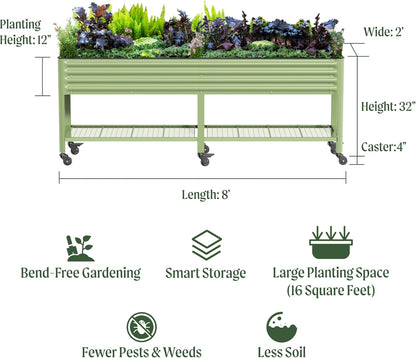 Rolling Elevated Raised Garden Bed-V Series, 2' x 8' Garden Beds with Legs & Storage Rack for Patio & Porch, 1400 Lbs Weight Capacity, Outdoor Planter Box for Vegetables Flower Herbs, Pearl White