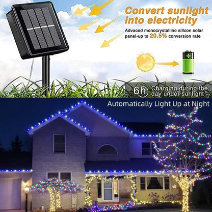 QITONG 4 Pack Blue and White Solar Fairy Lights, Each 33ft 100 LED Christmas String Light, 8 Modes Silver Wire Mini Twinkle Lighting for Tree Garden Yard Christmas