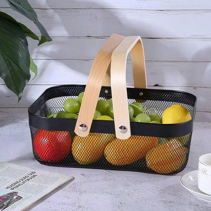 Metal Mesh Steel Basket, Storage Organizer Basket Garden Harvest Basket Multi-functional Kitchen Fruit Baskets Bin with Wooden Handle for Bathroom Picnic Shopping Decor Cabinet Home, Black