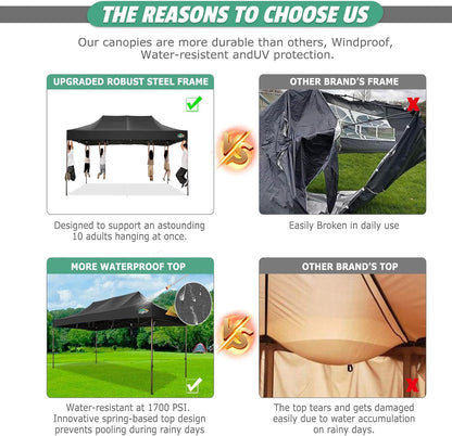 COBIZI 10x15 Pop Up Canopy Tent Heavy Duty Without Sidewall, Commercial Outdoor Easy Pop Up Gazebo for Party Wedding All Weather Waterproof UV 50+ with Roller Bag(Leg Upgraded),Black