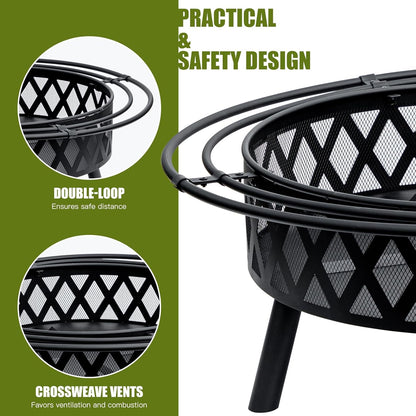 42 Inch Wood Burning Fire Pit with 2 Loops, Outdoor Fire Pit with Spark Screen & Fire Poker, Cross Weave Firepit for Outside Fireplace Bonfire for Yard,Patio, Garden