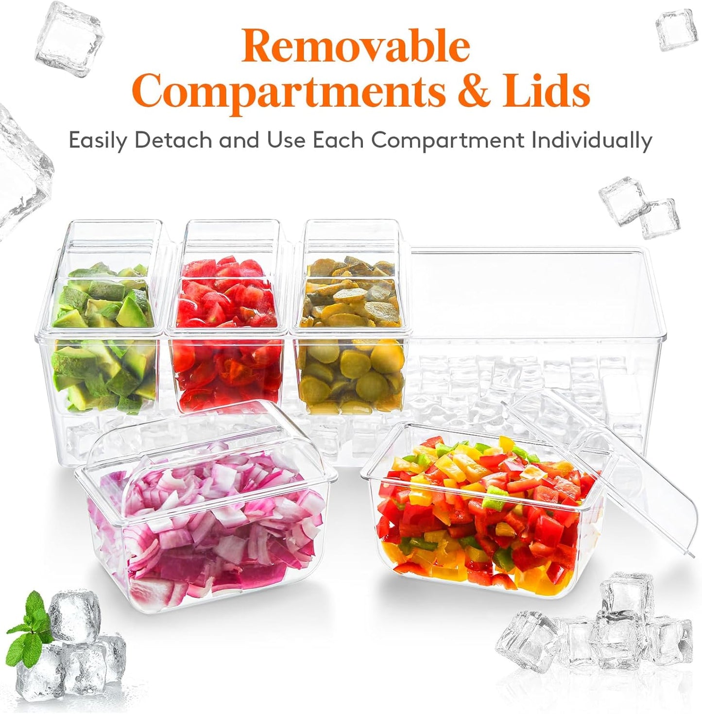 Lifewit Ice Chilled Condiment Caddy with 5x 20oz(2.5 cup) Containers, 15.3" Condiment Server with Separate Lids, Serving Tray Platter with Removable Dishes for Bar, Fruit, Salad, Taco, Party Garnish